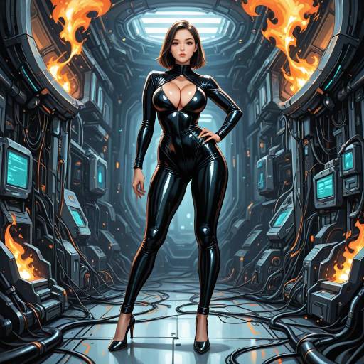 Futuristic Woman in Black Latex Suit