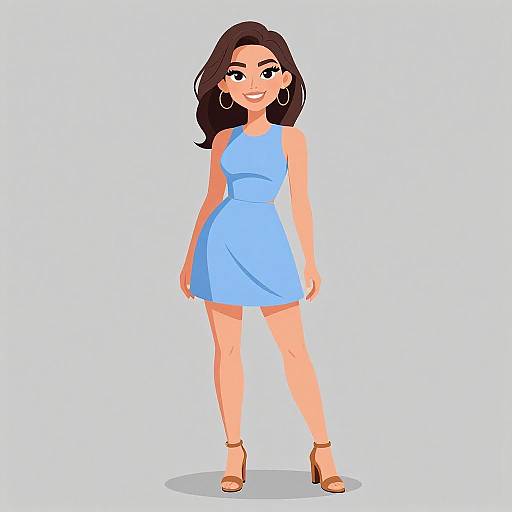 Digital illustration of a smiling young woman with long brown hair, wearing a light blue sleeveless dress, gold hoop earrings, and brown sandals, standing against