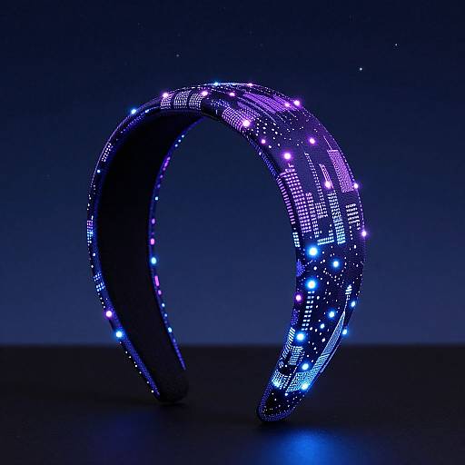 Glowing, neon-purple and blue LED arch against dark gradient background, with intricate digital patterns and small, bright, star-like lights. Photoreal