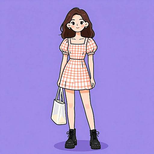 Casual Woman in Peach Gingham Dress