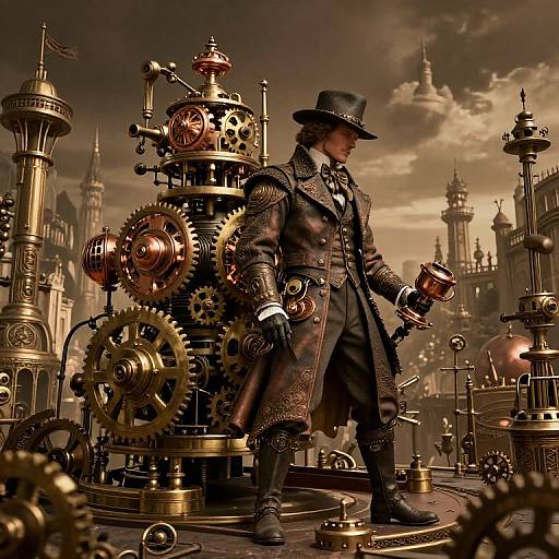Steampunk illustration: A Victorian gentleman in a black top hat and long coat, holding a brass device, stands among intricate clockwork machinery and gears