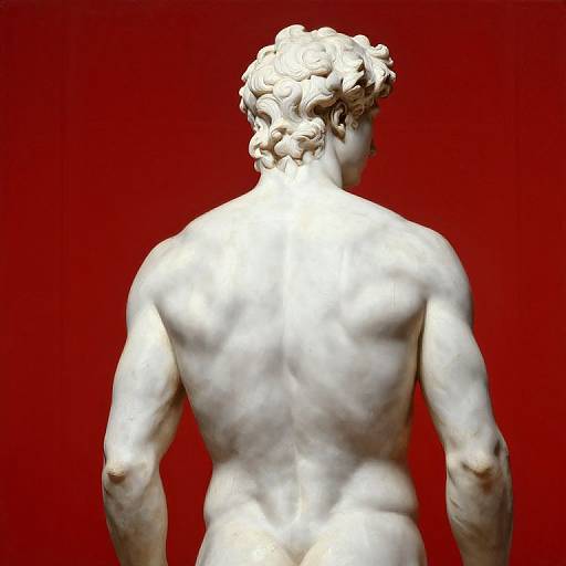 Photograph of a classical marble sculpture, showing a muscular, nude male back with detailed, curly hair, against a vibrant red background.