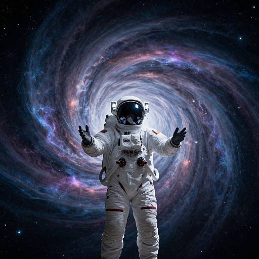 Photograph-style CGI of an astronaut in a white spacesuit with a reflective helmet, floating in a swirling, colorful galaxy background.