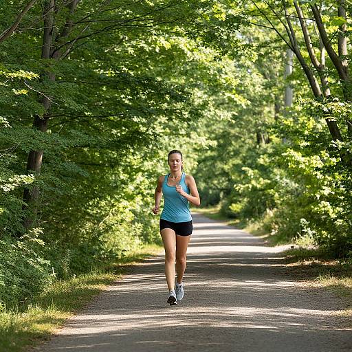 Photograph of a fit woman with blonde hair in a blue tank top and black shorts, running on a sunlit, tree-lined path.