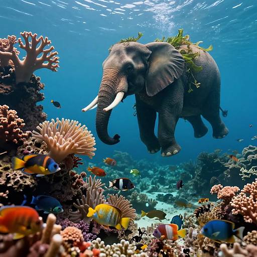Photograph of a majestic underwater elephant with green foliage on its back, surrounded by colorful coral reefs and vibrant fish in a clear blue ocean.