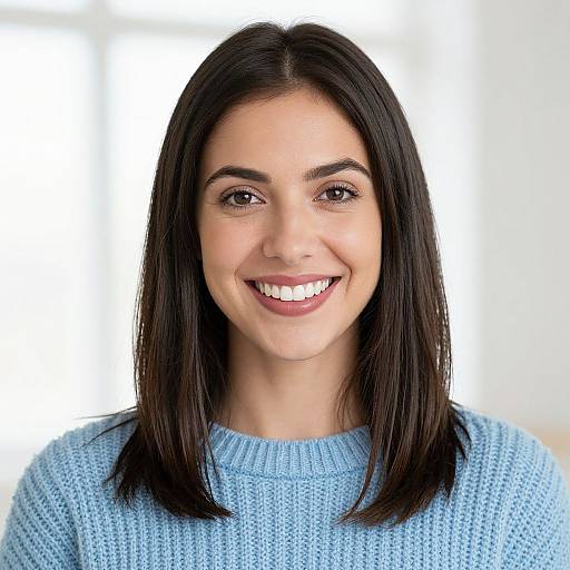Photograph of a smiling young woman with straight black hair, wearing a light blue knitted sweater, against a bright white background.