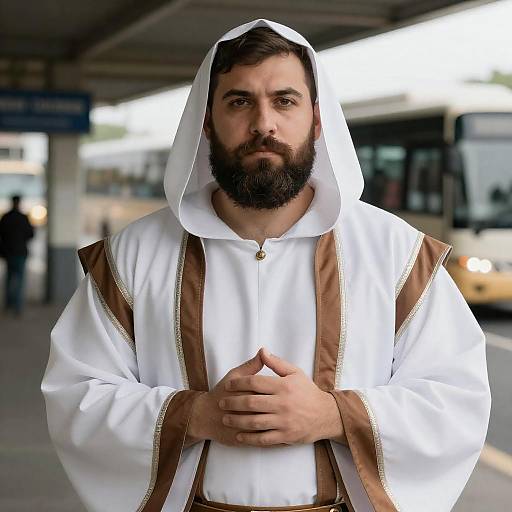 Bearded Man in Hooded Robe at Bus Station