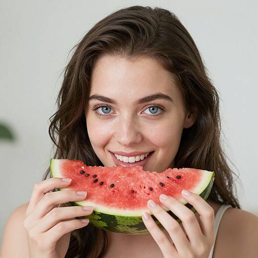 Photograph of a smiling young woman with blue eyes, long brown hair, and fair skin, holding a slice of watermelon with black seeds, against