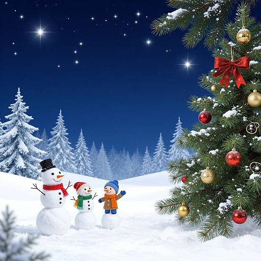 Digital illustration of a snowy Christmas night with a starry sky, decorated Christmas tree, snowmen, and two children in colorful winter clothes.