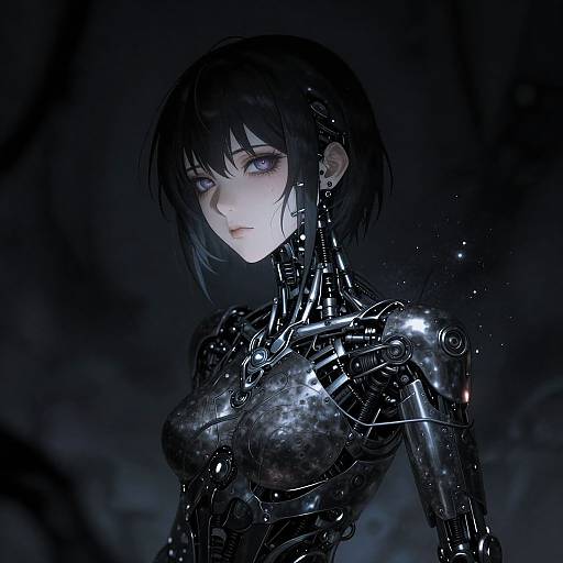 Digital artwork of a pale-skinned, blue-eyed woman with short black hair, wearing a shiny, black, cybernetic bodysuit with visible