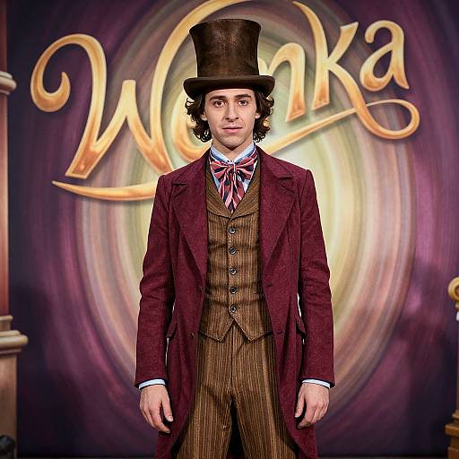 Photograph of a young man with curly hair, wearing a brown top hat, maroon pinstripe suit, and striped bow tie, standing in