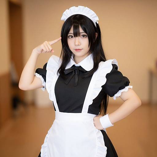 Photograph of an Asian woman with long black hair, wearing a classic black and white French maid outfit, pointing to her ear in a blurred, beige