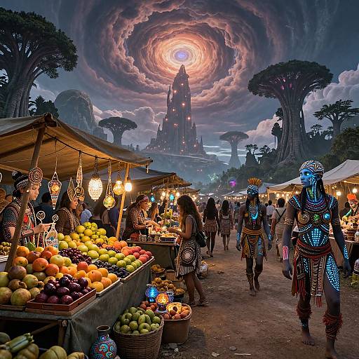 Fantasy market scene at dusk, colorful fruits, glowing lanterns, blue-lit alien-like vendors, towering trees, and a glowing, spiral sun