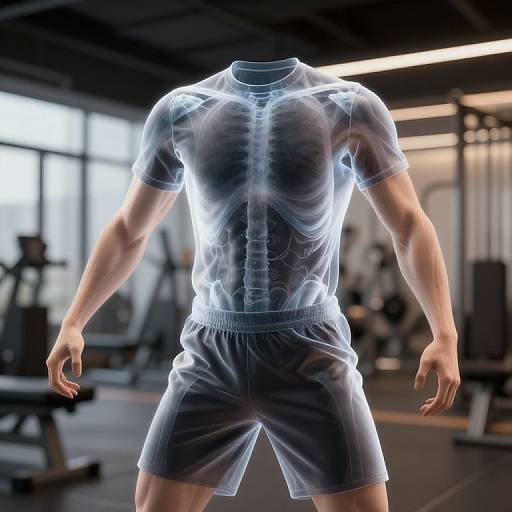 Photorealistic CGI of a muscular, transparent male figure wearing a short-sleeve shirt and shorts, highlighting internal anatomy, in a modern gym setting