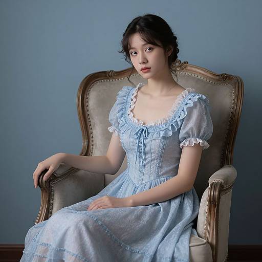 Photograph of an Asian woman with fair skin, dark hair in a braid, wearing a light blue, Victorian-style dress with white lace, seated