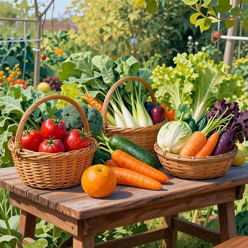 Photograph of colorful baskets with fresh vegetables (tomatoes, broccoli, carrots, eggplants, lettuce) on a wooden table in a vibrant garden.