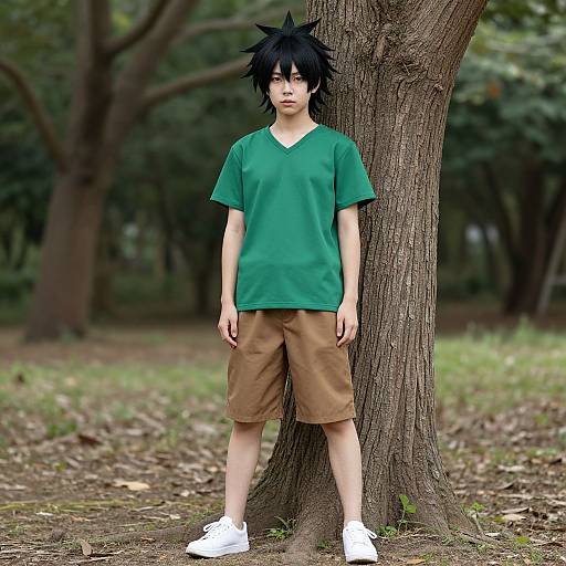 Photograph of an Asian teenage boy with black spiky hair, green V-neck shirt, brown shorts, white sneakers, standing against a tree in a