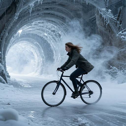 Photograph of a woman with long brown hair riding a black bicycle through a glowing, icy, snow-covered tunnel archway.