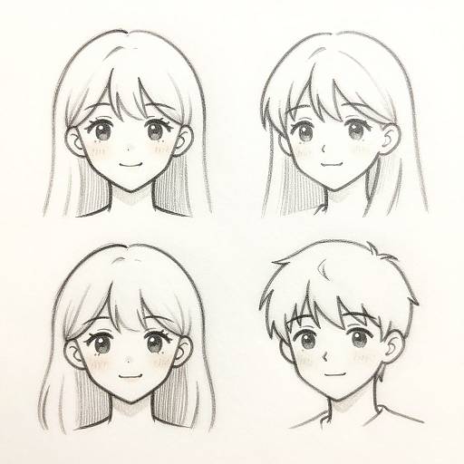 Black-and-white anime-style sketch of four characters: two girls with long hair, one girl with short hair, and one boy with short hair, each