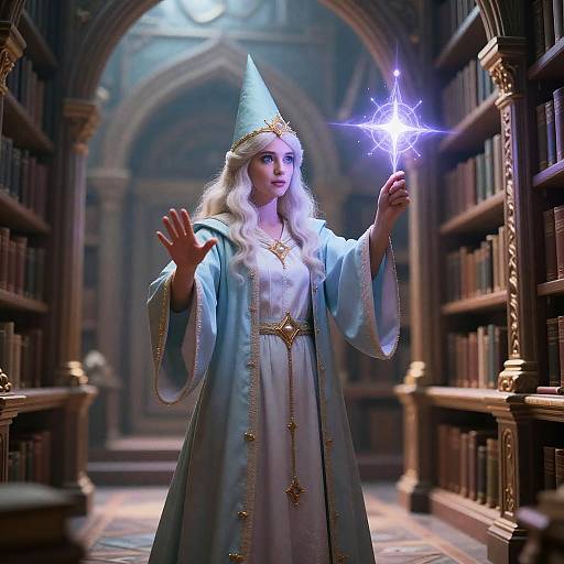 Wizard Casting Spell in Mystical Library