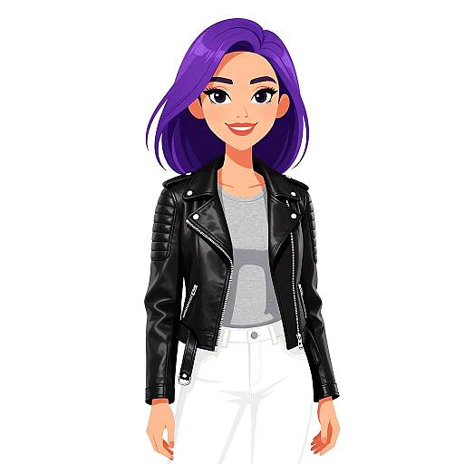 Digital illustration of a smiling woman with purple hair, wearing a black leather jacket, white shirt, and white pants, against a plain white background.