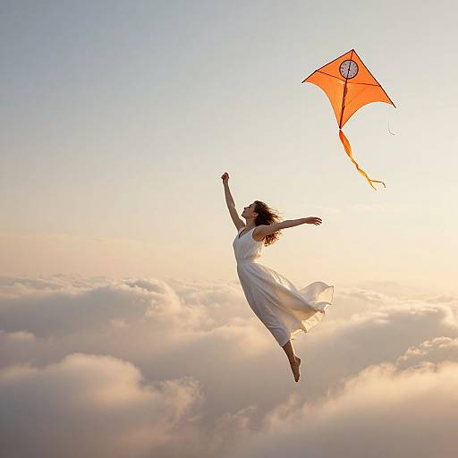 Photograph of a woman in a flowing white dress, flying a bright orange kite, soaring above fluffy clouds at sunset.