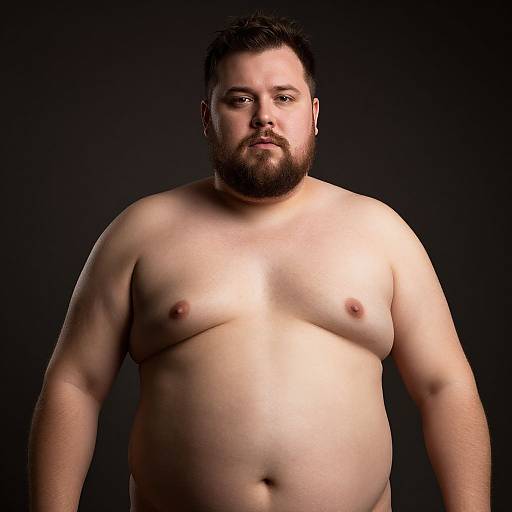 Photograph of a shirtless, bearded, overweight man with fair skin, dark hair, and small nipples, standing against a black background.