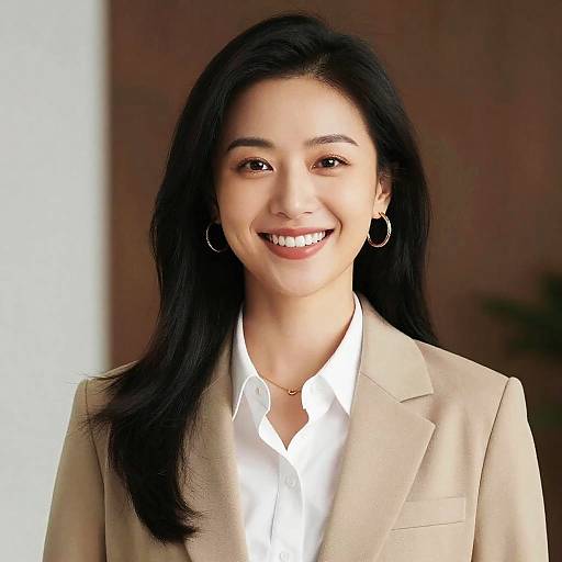 Photograph of a smiling Asian woman with long black hair, wearing a beige blazer over a white shirt, and gold hoop earrings.