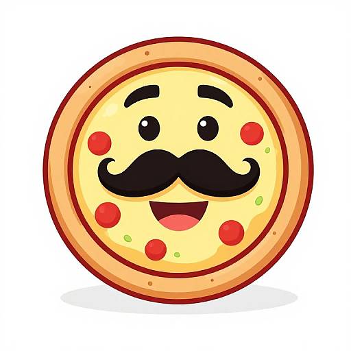 Cartoon pizza with yellow cheese, black mustache, and red blush dots, smiling open-mouthed. Bright, colorful digital illustration.