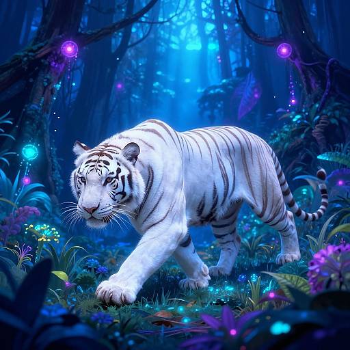 Digital artwork of a majestic white tiger prowling through a vibrant, glowing blue and purple enchanted forest with floating colorful orbs.