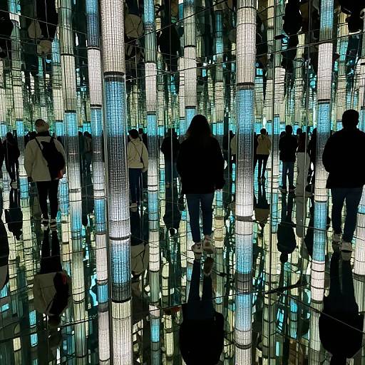 Photograph of a crowded indoor space with cylindrical, illuminated blue and white light columns, reflecting on a glossy floor. Silhouetted people walk among