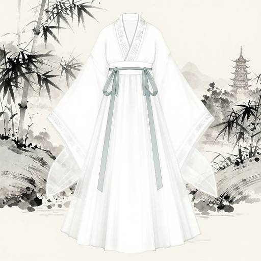 Black-and-white digital illustration of a traditional Japanese kimono, centered with bamboo branches and brush strokes surrounding the edges.