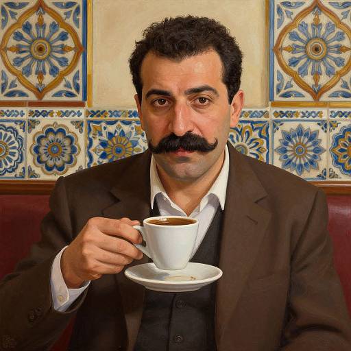 Photograph of a Middle Eastern man with dark curly hair and thick mustache, wearing a brown suit, holding a white coffee cup, set against a