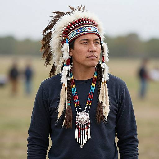 Photograph of a Native American man wearing a traditional feathered headdress, black shirt, and beaded necklace, standing in a grassy field with