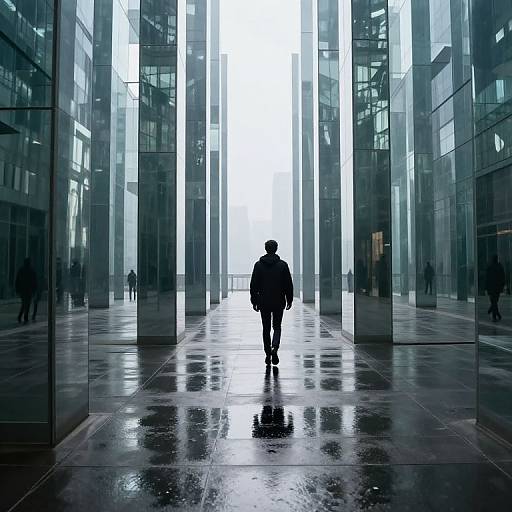 Silhouetted figure walks through a reflective, modern glass-walled city corridor, backlit by bright white light, creating a high-contrast,