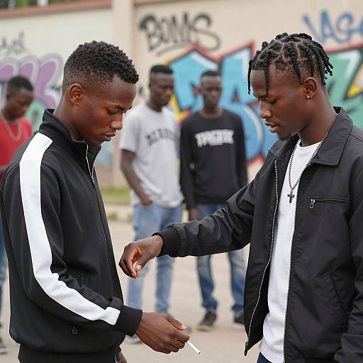 Two Young Men Sharing Cigarette Outdoors