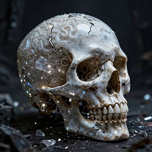 Glowing Crystal Skull with Shattered Pieces