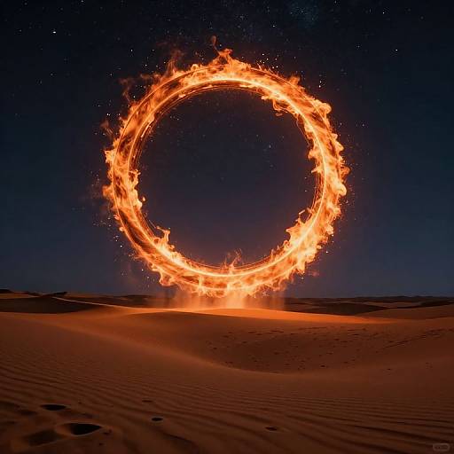 Photograph of a large, circular fire ring hovering above a desert dune under a starry night sky, with intense orange flames and dark, sandy