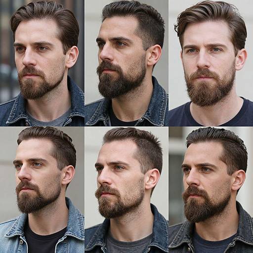 Photograph of a bearded white man with dark brown hair in six different headshots, showing various side profiles and expressions, wearing a denim jacket over
