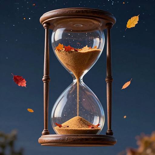 Photograph of a wooden hourglass with falling sand, surrounded by floating autumn leaves, against a dark blue starry night sky.