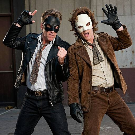 Photograph of two men in cosplay: one wears a black mask and leather jacket, the other a white mask and brown suit, both gesturing with