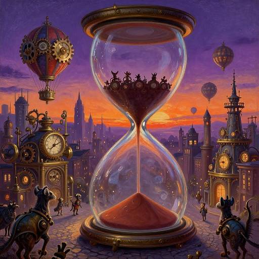 Fantastical digital artwork of a giant hourglass centered in a steampunk city at sunset, with clock towers, hot air balloons, and small