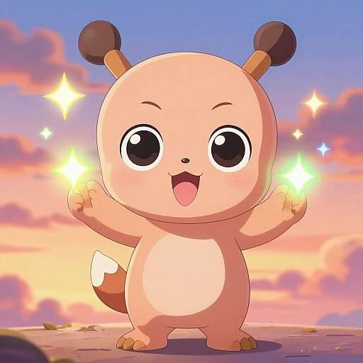 Cute anime-style digital drawing of a chubby, tan, mouse-like creature with large, sparkling eyes, and brown ear tips, joyfully holding glowing