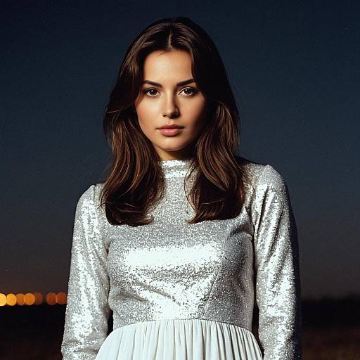 Woman in Silver Long Sleeve Evening Dress