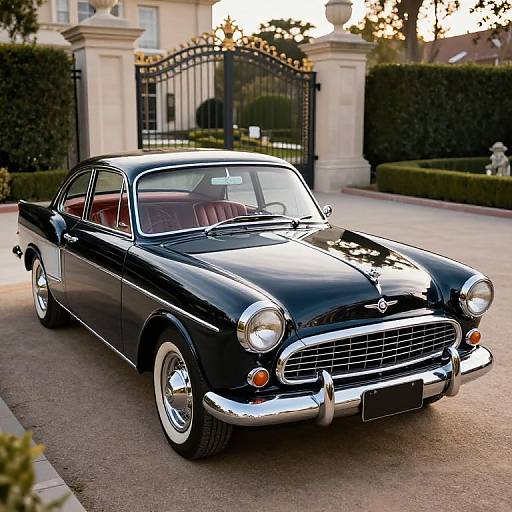 Photograph of a shiny black classic 1960s Ford car with chrome accents, parked on a driveway in front of a grand, gated mansion.