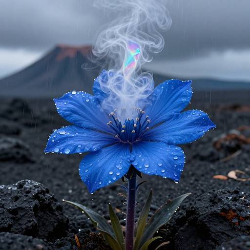 Photograph of a vivid blue flower with water droplets, smoking, against a dark, rainy volcanic landscape with a distant mountain.