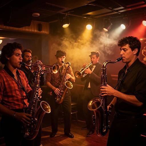 Photograph of five male musicians playing saxophones on stage in a dimly lit, smoky jazz club with warm yellow and red lights.