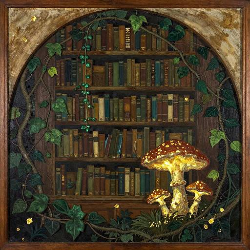 Ancient Library with Glowing Fungi