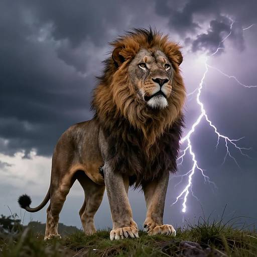 Photograph-style digital artwork of a fierce male lion with a dark mane standing on a grassy hill, illuminated by a bright, jagged lightning bolt