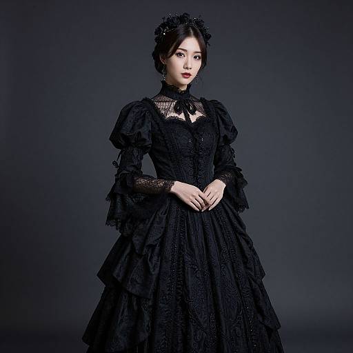 Photograph of an East Asian woman in a Victorian-style black lace gown with puffed sleeves, choker, and floral headpiece, standing against a